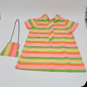 Little Miss Pink Orange Dress with Stripes Kids Girl Purse Chain Vintage 60s 70s